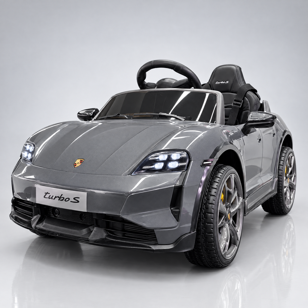 Porsche Taycan électrique enfant grise – vue avant trois-quarts