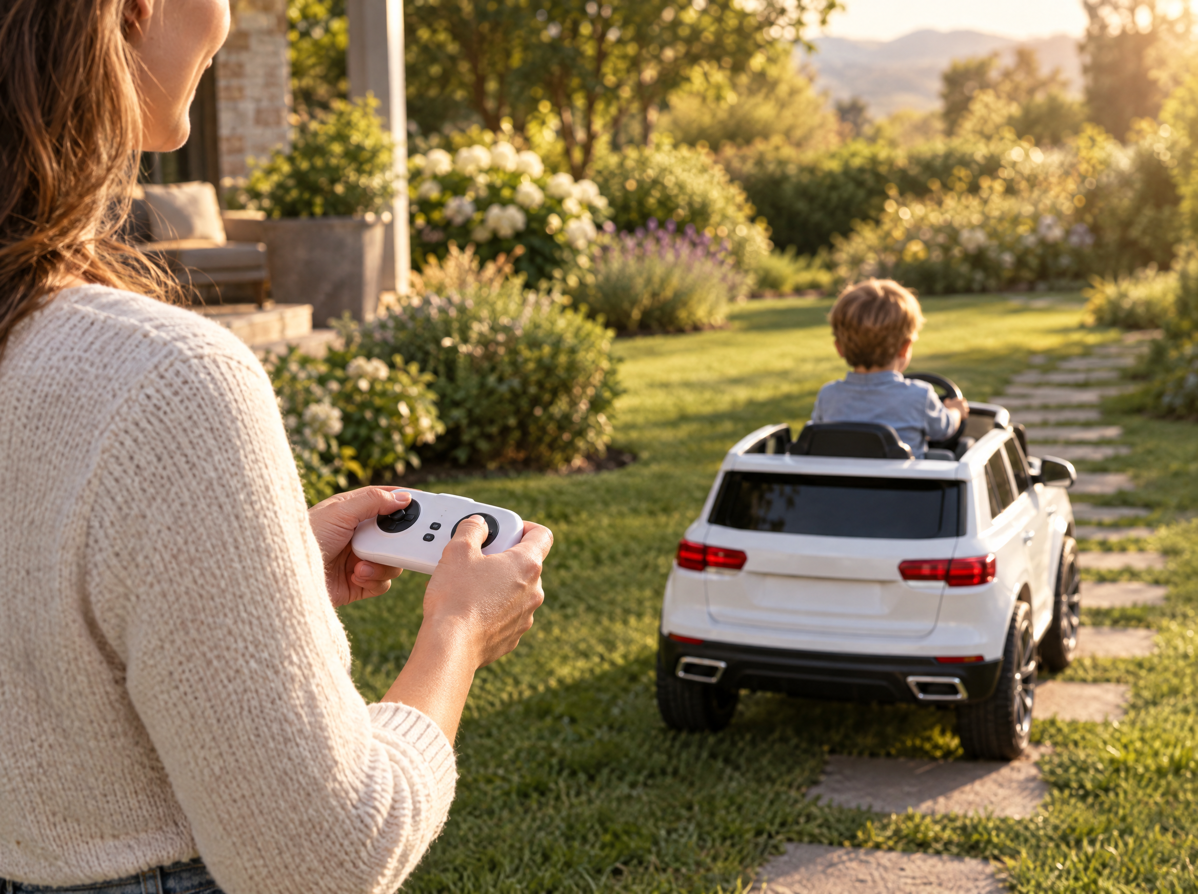Parent avec la télécommande pendant que l'enfant conduit