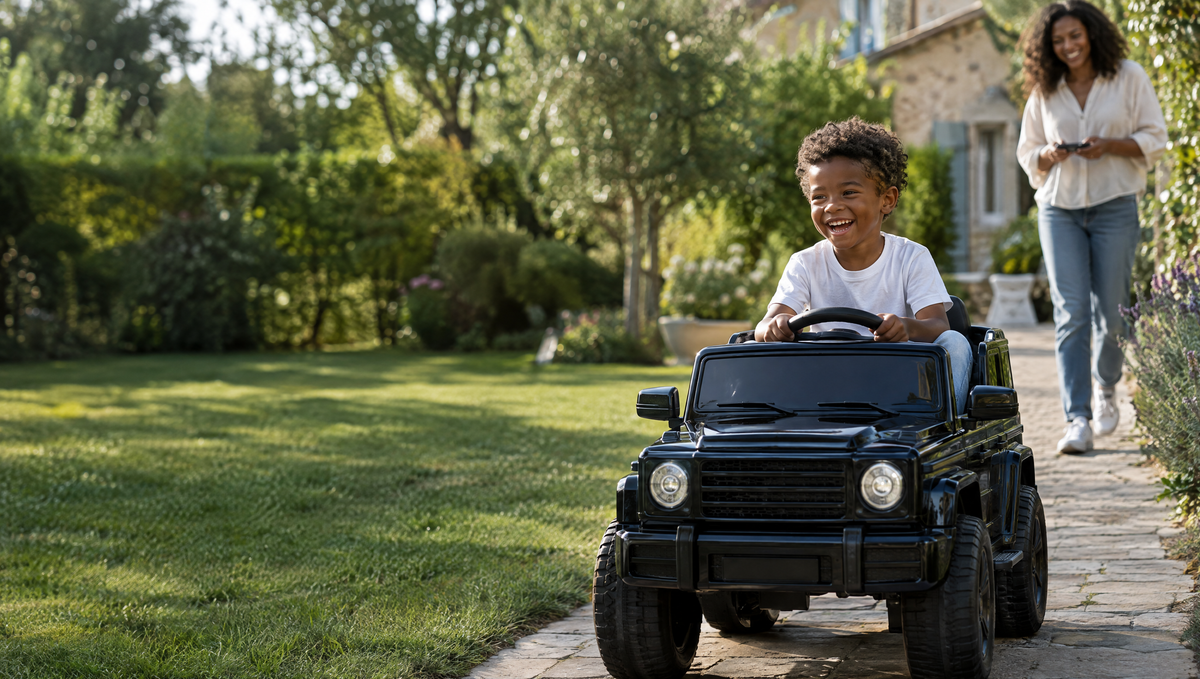 Enfant au volant d'une voiture électrique SUV devant une maison de campagne